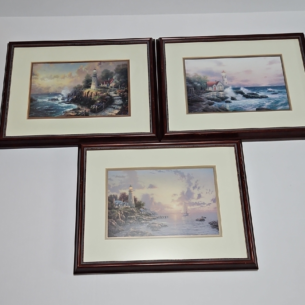 Elegant Lighthouse Hanging Wall Art Set Of 3 with Mahogany Frames & Glass 13x15